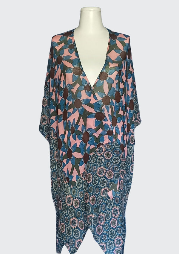 Flowers With Geometric Border Print Kimono (SE-2925_Pink)